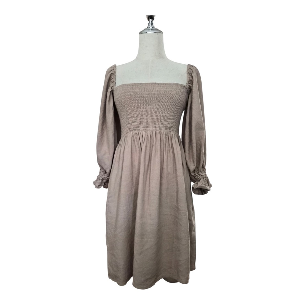 Kourt XS Smocked Midi Dress Flax Linen Blend Puff Sleeve Cottagecore Prairie